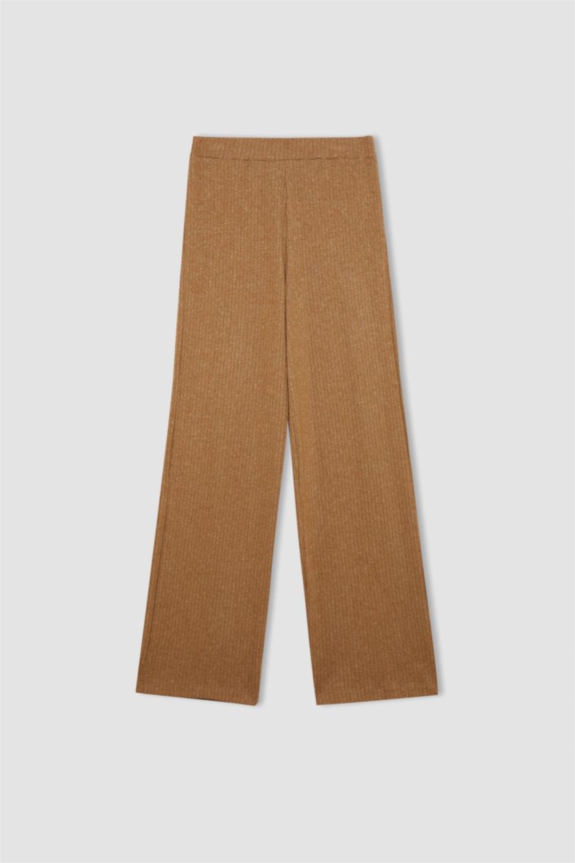Kadın Bej Pantolon Traditional Flare Fit Düz Paça Fitilli Kaşkorse