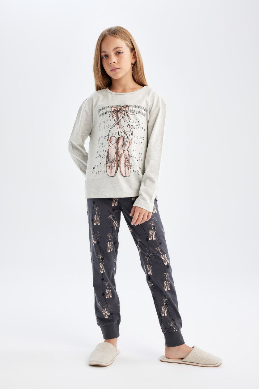 GIRLS & TEENS Grey Melange Girl Printed 2 Piece Pajama Set