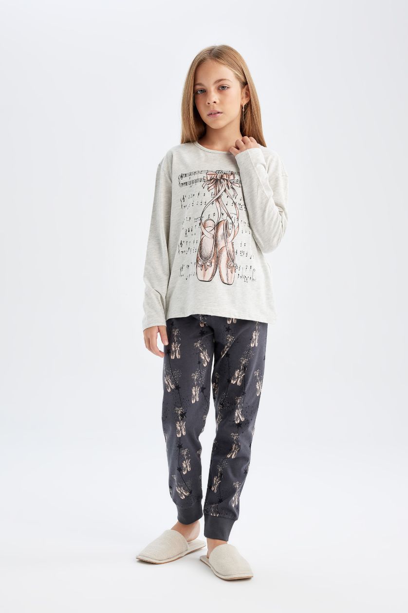 GIRLS & TEENS Grey Melange Girl Printed 2 Piece Pajama Set