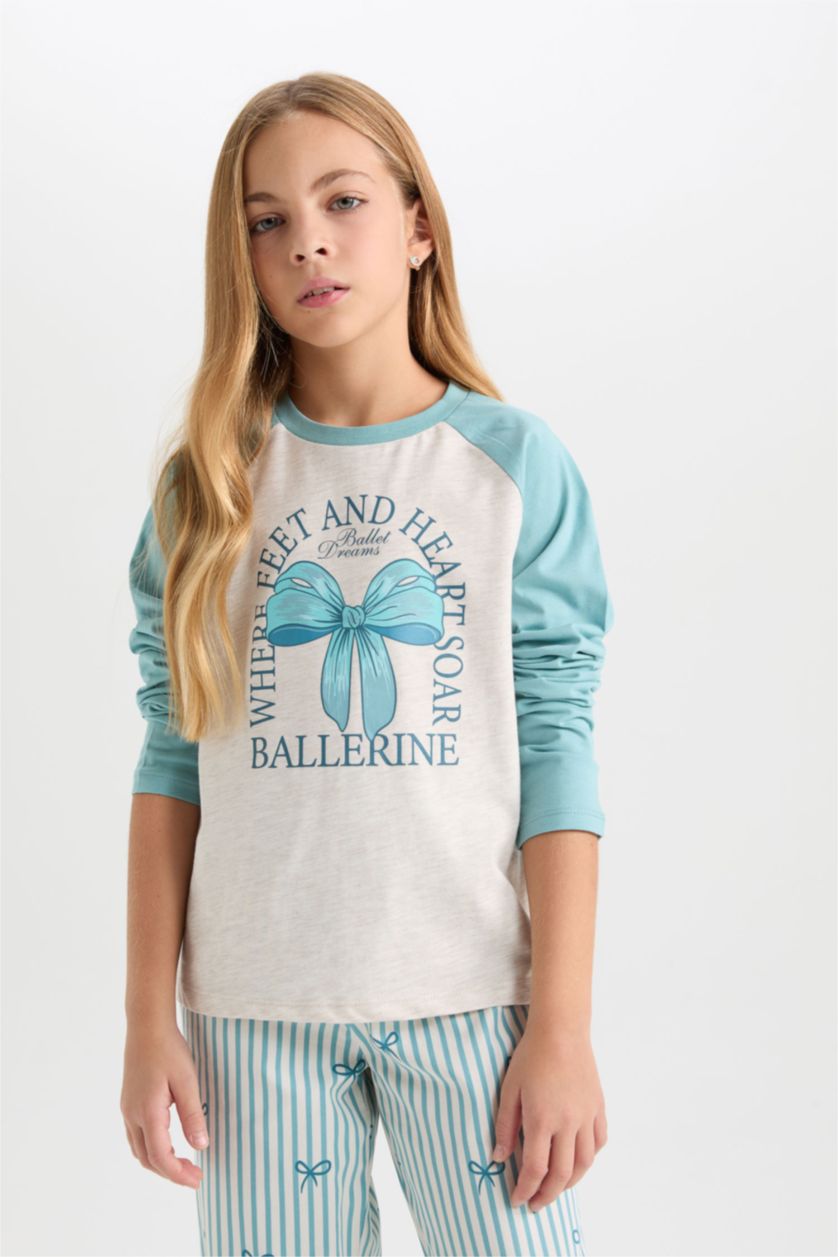 FILLES Mat Yeşil Ensemble Pyjama imprimé à coupe régulière Col rond pour Fille