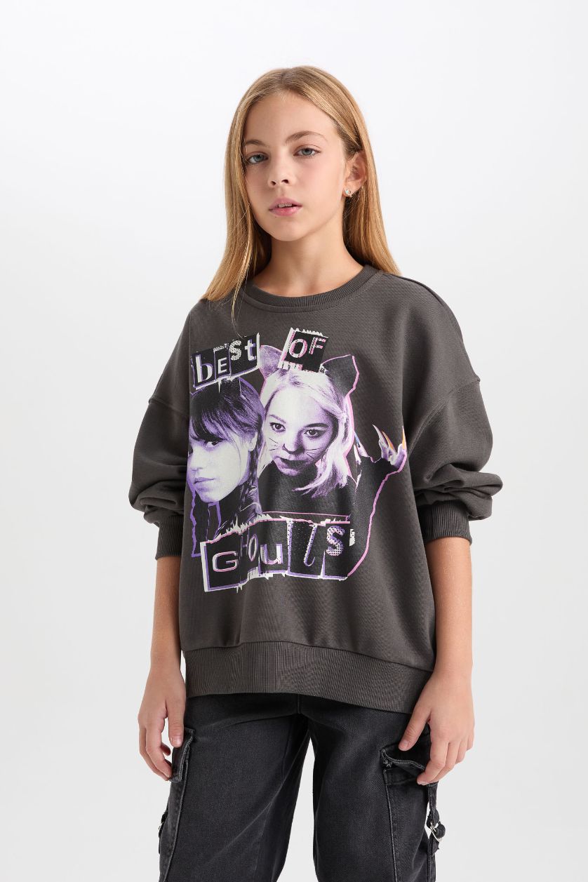 Kız Çocuk - Genç Kız Antrasit Wednesday Oversize Geniş Kalıp Bisiklet Yaka Sweatshirt Kız Çocuk