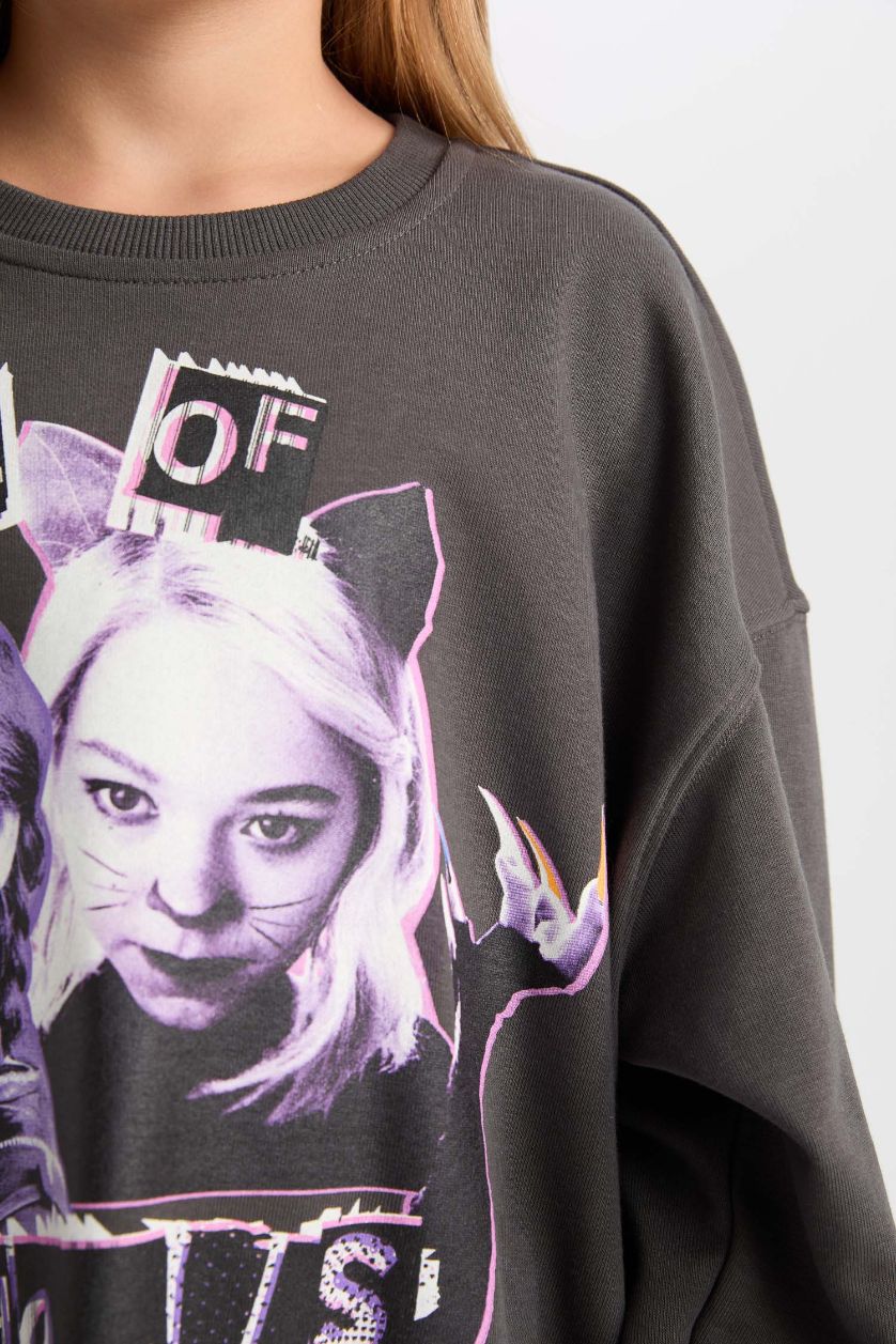 Kız Çocuk - Genç Kız Antrasit Wednesday Oversize Geniş Kalıp Bisiklet Yaka Sweatshirt Kız Çocuk