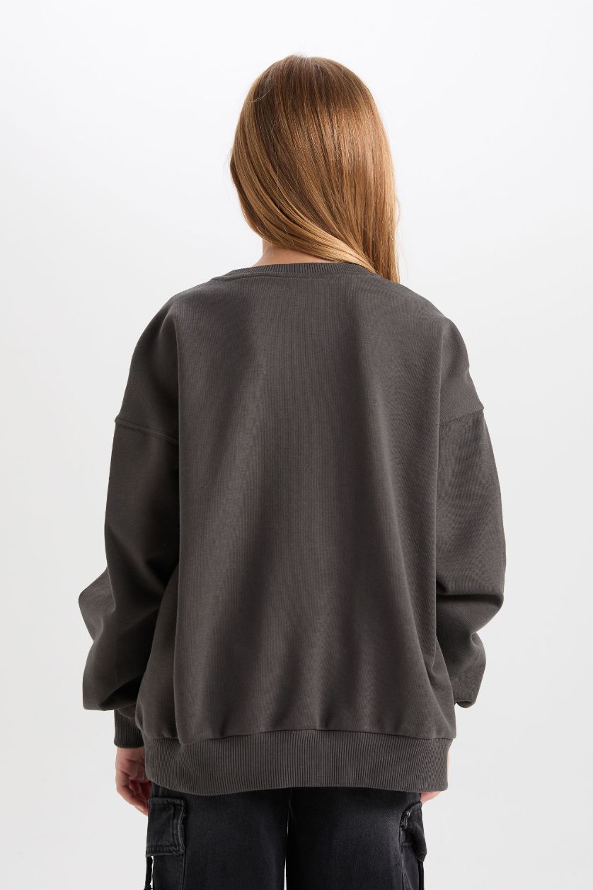 Kız Çocuk - Genç Kız Antrasit Wednesday Oversize Geniş Kalıp Bisiklet Yaka Sweatshirt Kız Çocuk