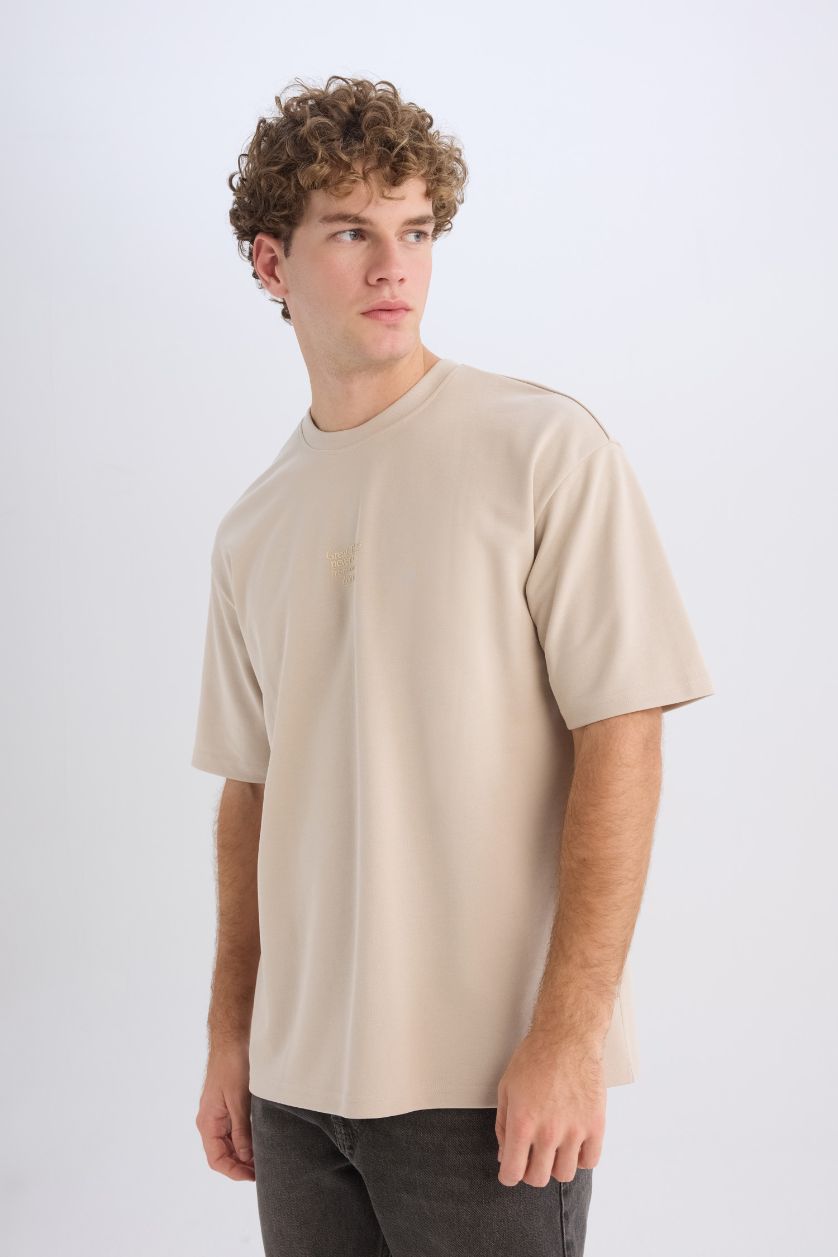 MAN Beige Boxy Fit Crew Neck Basic Short Sleeve T-Shirt