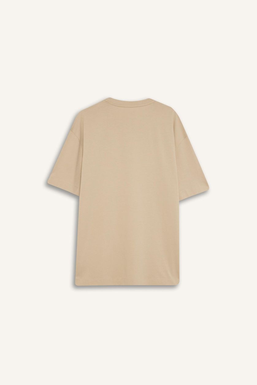 Erkek Bej %100 Pamuk Boxy Fit Bisiklet Yaka Basic Düz Kısa Kollu Tişört