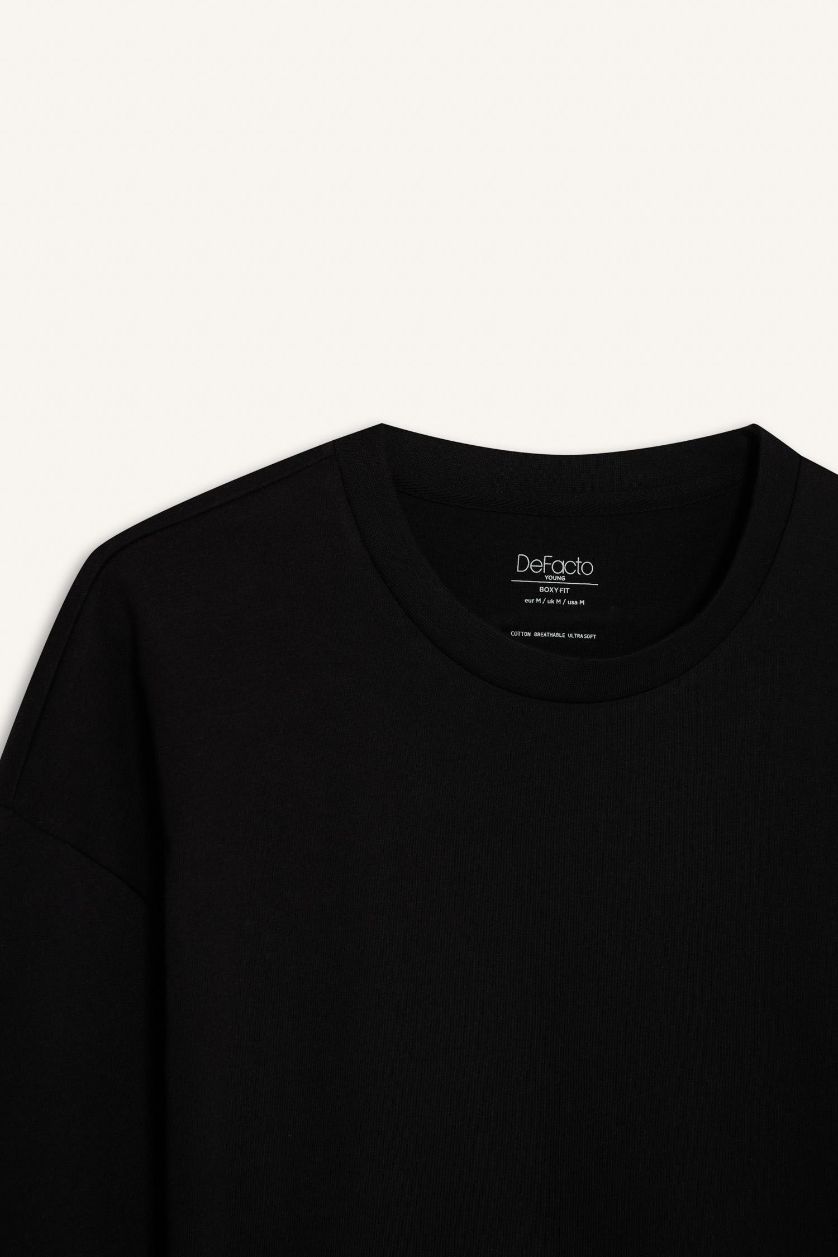 Erkek Siyah %100 Pamuk Boxy Fit Bisiklet Yaka Basic Düz Kısa Kollu Siyah Tişört