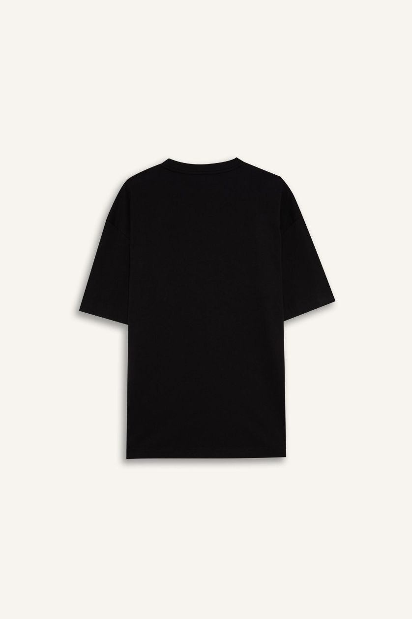 Erkek Siyah %100 Pamuk Boxy Fit Bisiklet Yaka Basic Düz Kısa Kollu Siyah Tişört