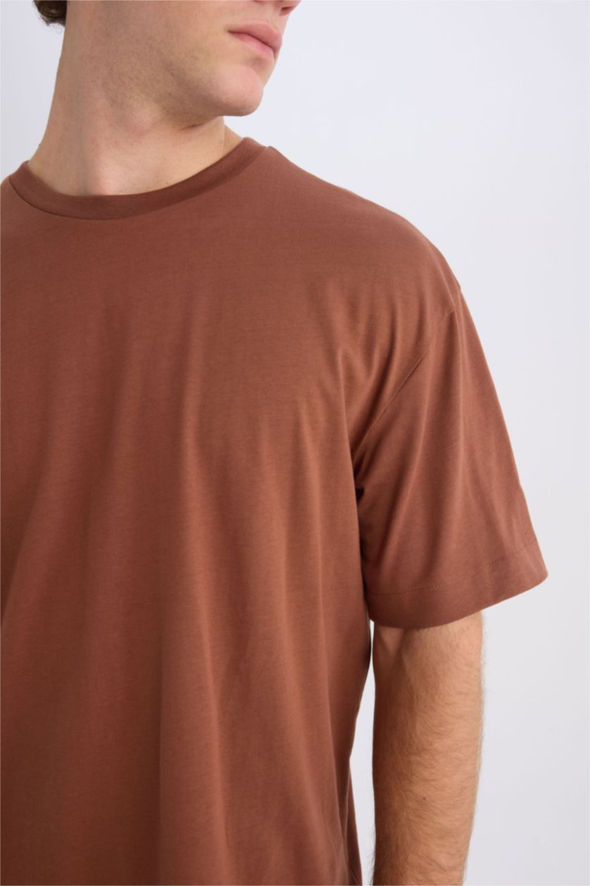 رجالي بني تيشيرت قطن سادة بيزك اوفر سايز برقبة مستديرة