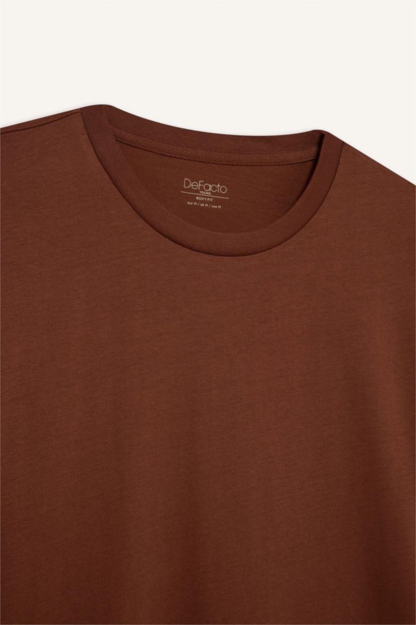 رجالي بني تيشيرت قطن سادة بيزك اوفر سايز برقبة مستديرة