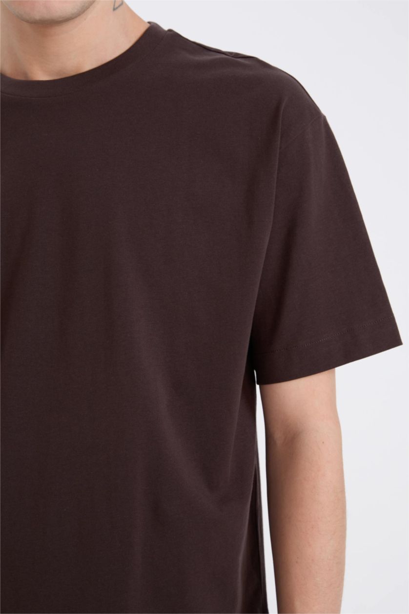 Erkek Kahve %100 Pamuk Boxy Fit Bisiklet Yaka Basic Düz Kısa Kollu Tişört