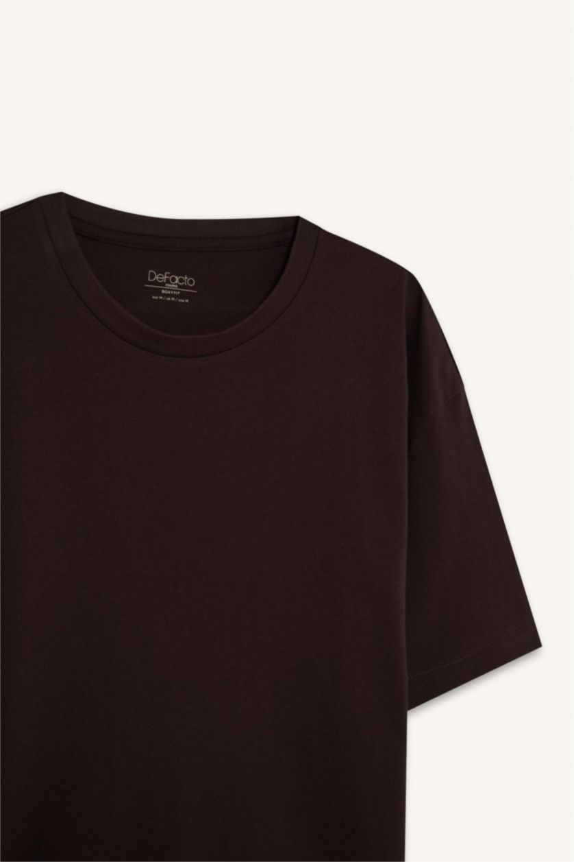 Erkek Kahve %100 Pamuk Boxy Fit Bisiklet Yaka Basic Düz Kısa Kollu Tişört