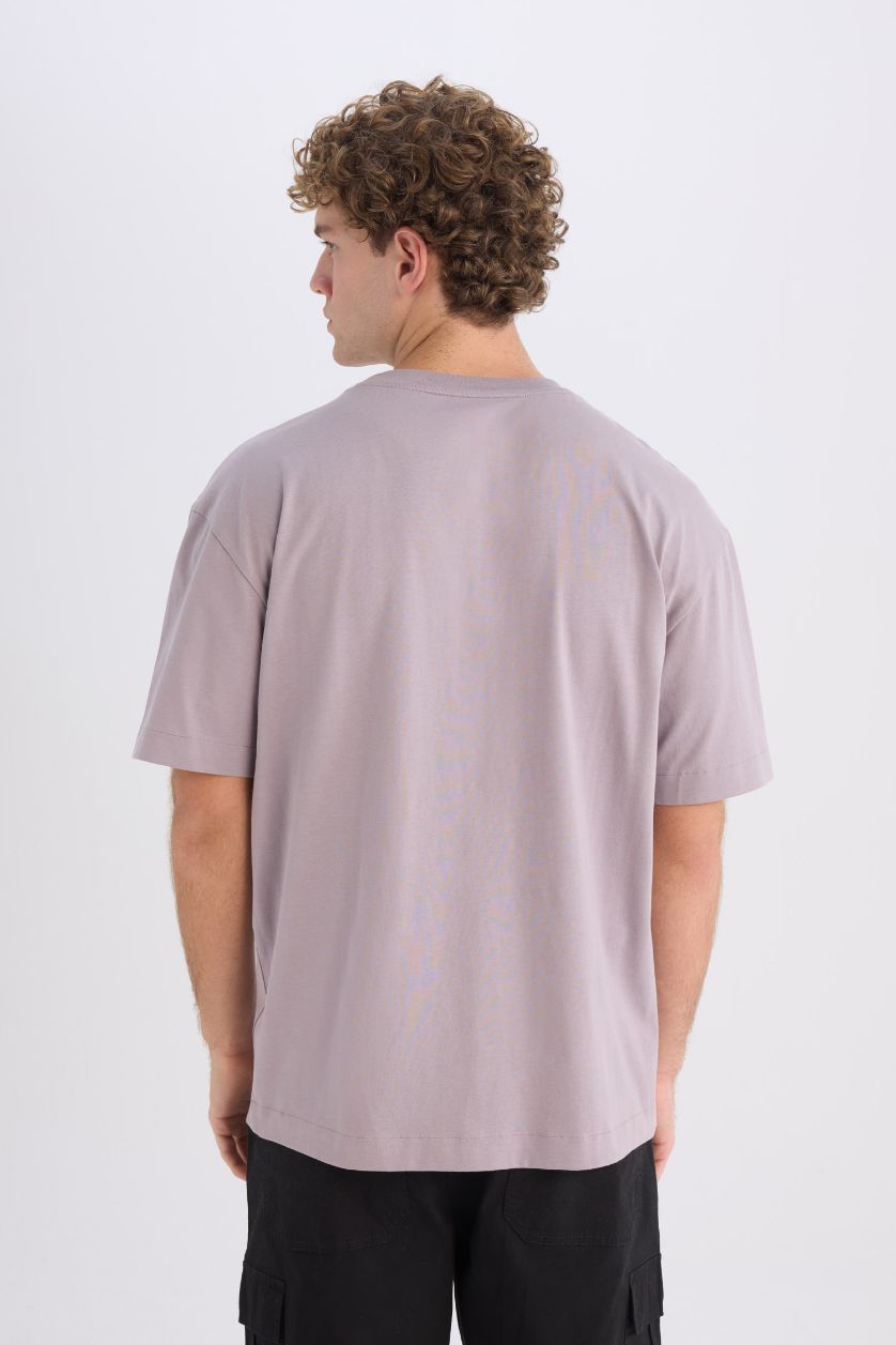 Erkek Lila %100 Pamuk Boxy Fit Bisiklet Yaka Basic Düz Kısa Kollu Tişört