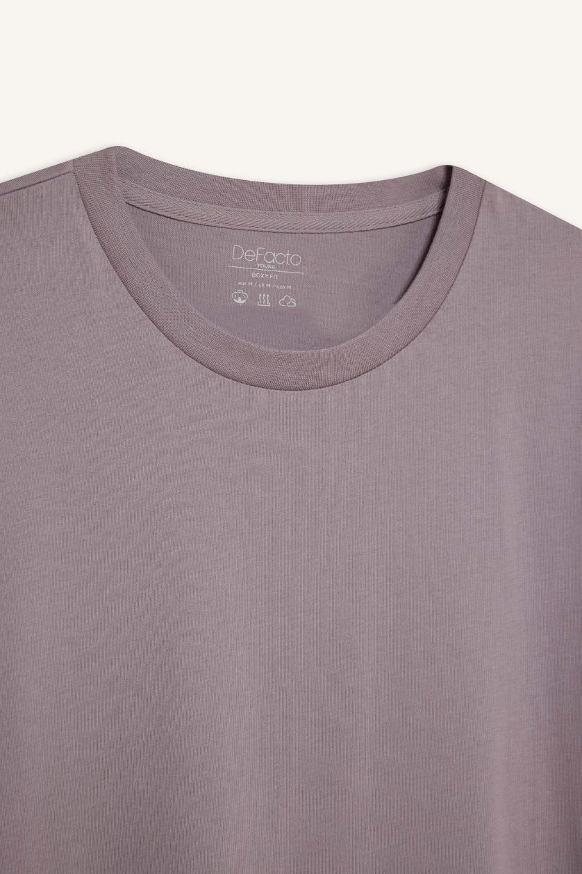 Erkek Lila %100 Pamuk Boxy Fit Bisiklet Yaka Basic Düz Kısa Kollu Tişört