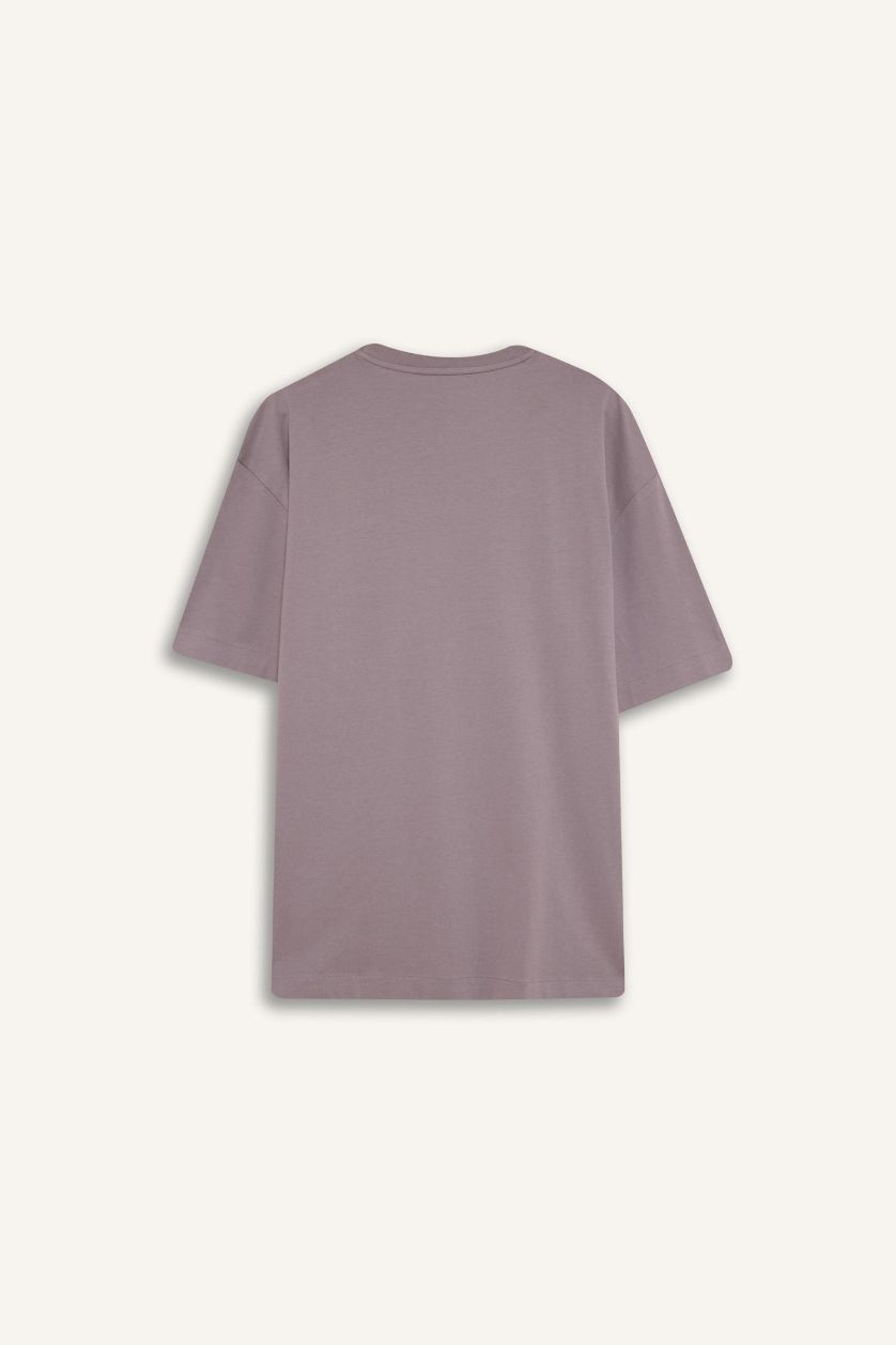 Erkek Lila %100 Pamuk Boxy Fit Bisiklet Yaka Basic Düz Kısa Kollu Tişört