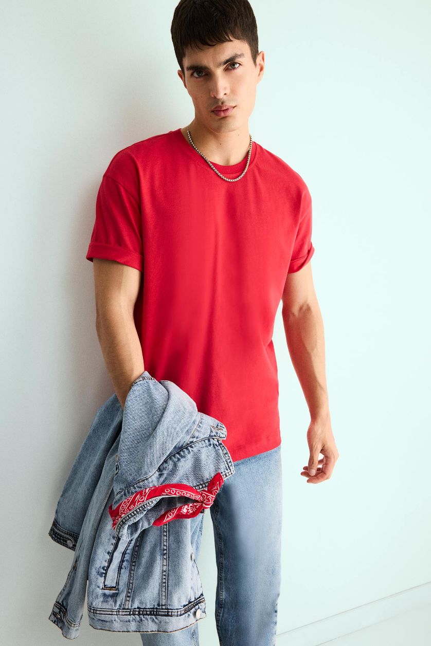 Man Red 100% Cotton Boxy Fit Crew Neck Basic T-Shirt
