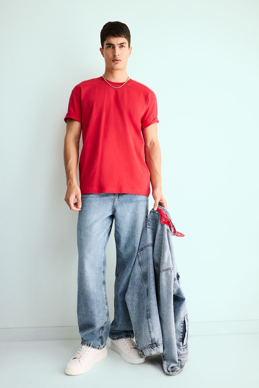 Man Red 100% Cotton Boxy Fit Crew Neck Basic T-Shirt