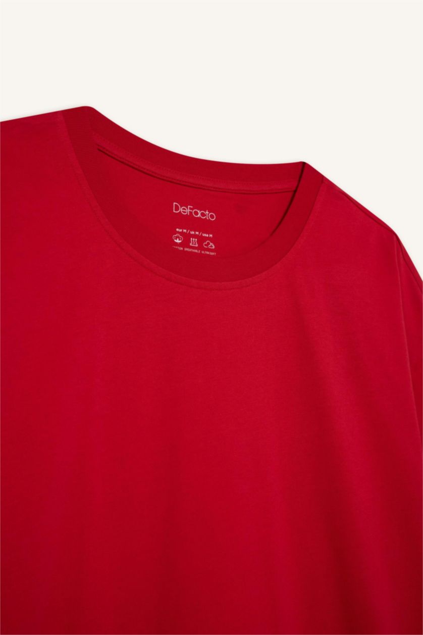 Man Red 100% Cotton Boxy Fit Crew Neck Basic T-Shirt