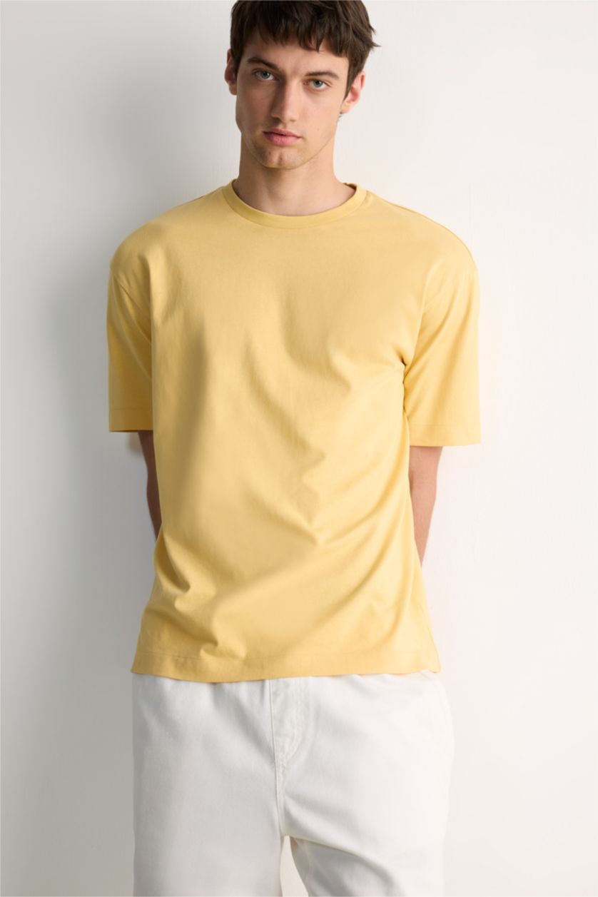 Erkek Açık Sarı %100 Pamuk Boxy Fit Bisiklet Yaka Basic Düz Kısa Kollu Tişört