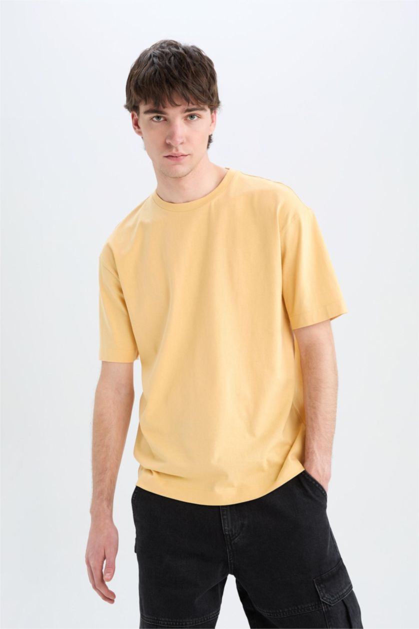Erkek Açık Sarı %100 Pamuk Boxy Fit Bisiklet Yaka Basic Düz Kısa Kollu Tişört