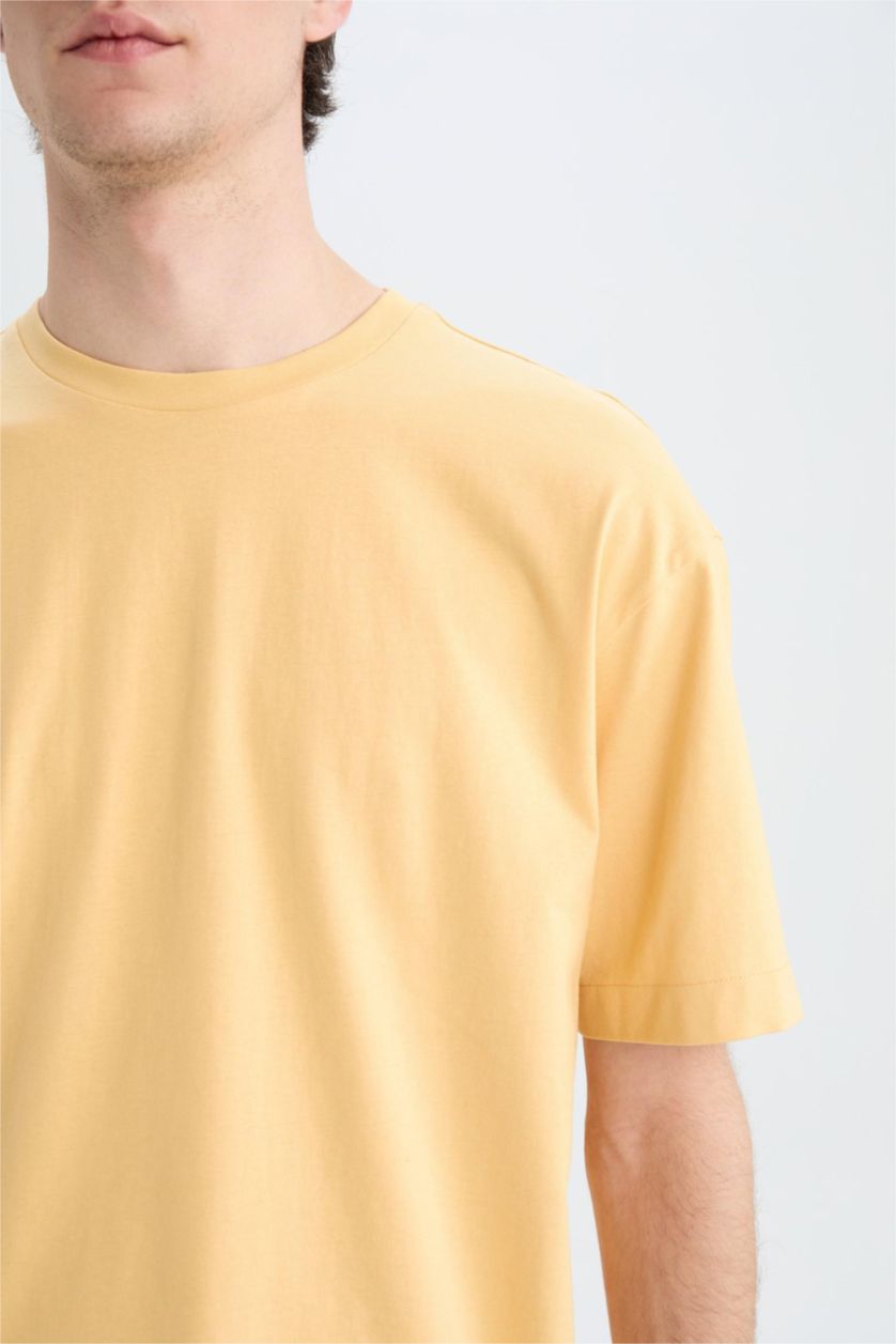 Erkek Açık Sarı %100 Pamuk Boxy Fit Bisiklet Yaka Basic Düz Kısa Kollu Tişört
