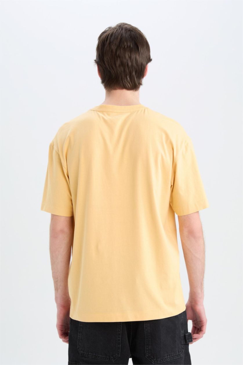 Erkek Açık Sarı %100 Pamuk Boxy Fit Bisiklet Yaka Basic Düz Kısa Kollu Tişört
