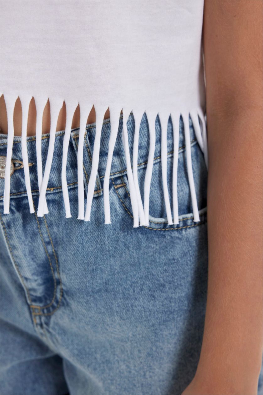 Kız Çocuk - Genç Kız Kırık Beyaz Bisiklet Yaka Crop Kısa Kollu Tişört Kız Çocuk