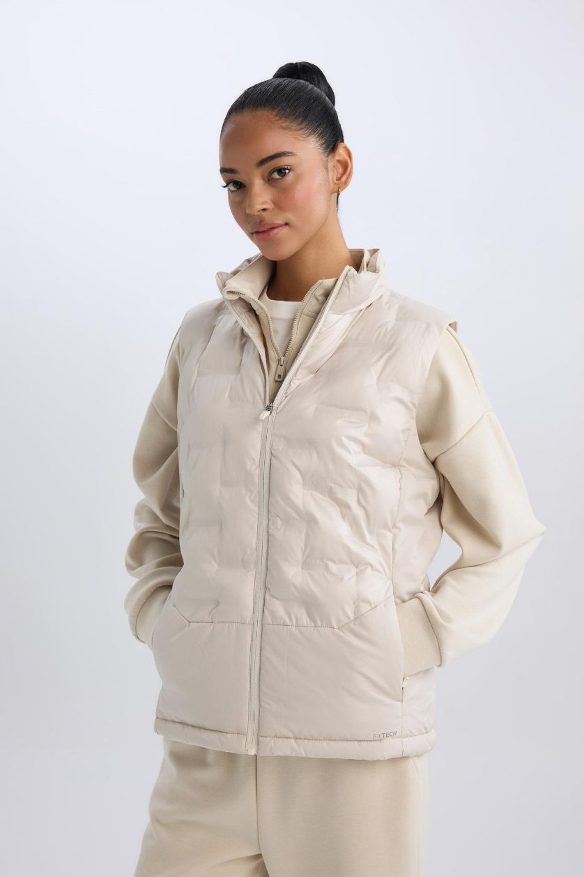 Woman Ecru DeFactoFit Stand Collar Zippered Waterproof Sports Puffer Vest
