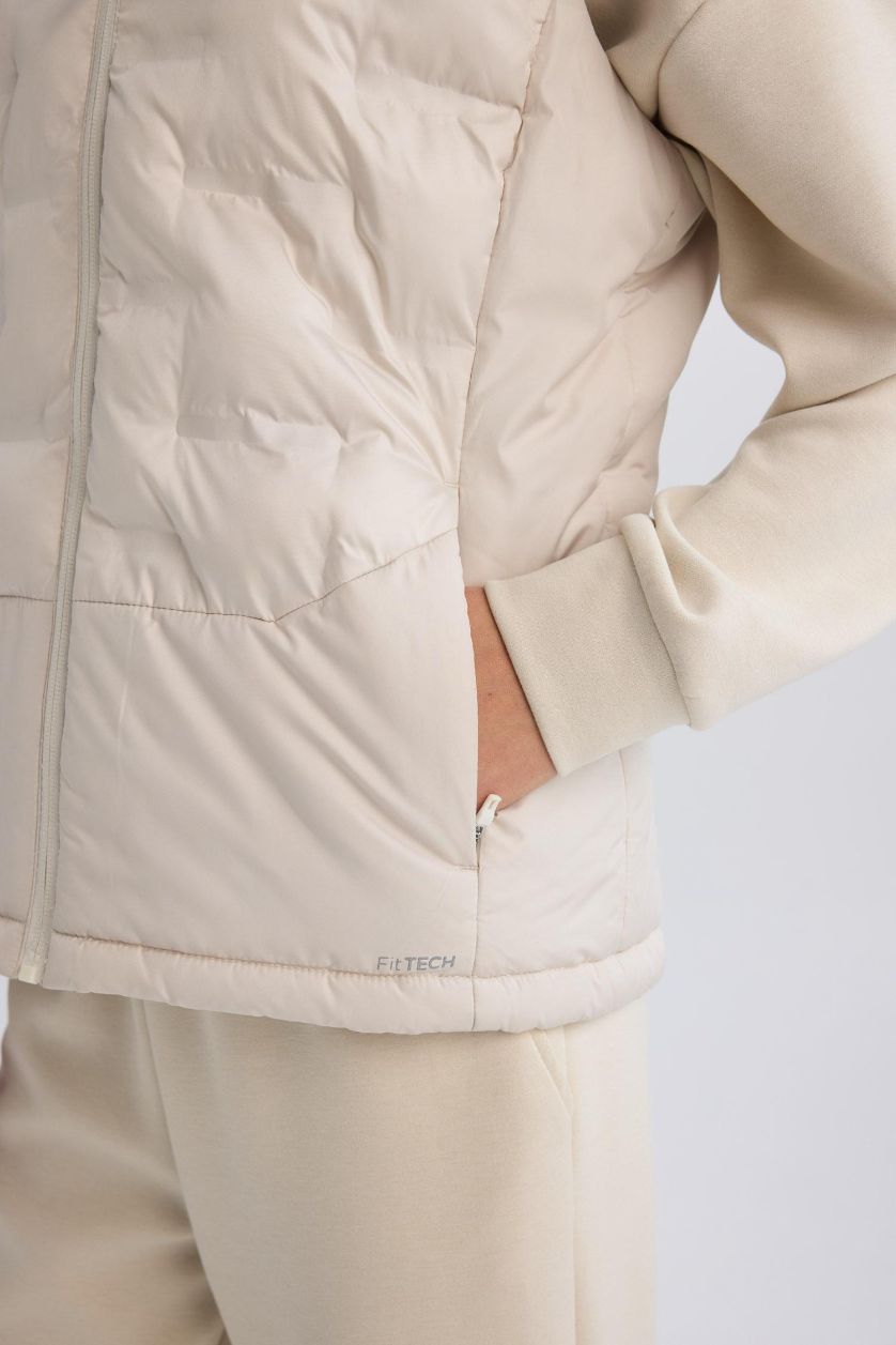 Woman Ecru DeFactoFit Stand Collar Zippered Waterproof Sports Puffer Vest