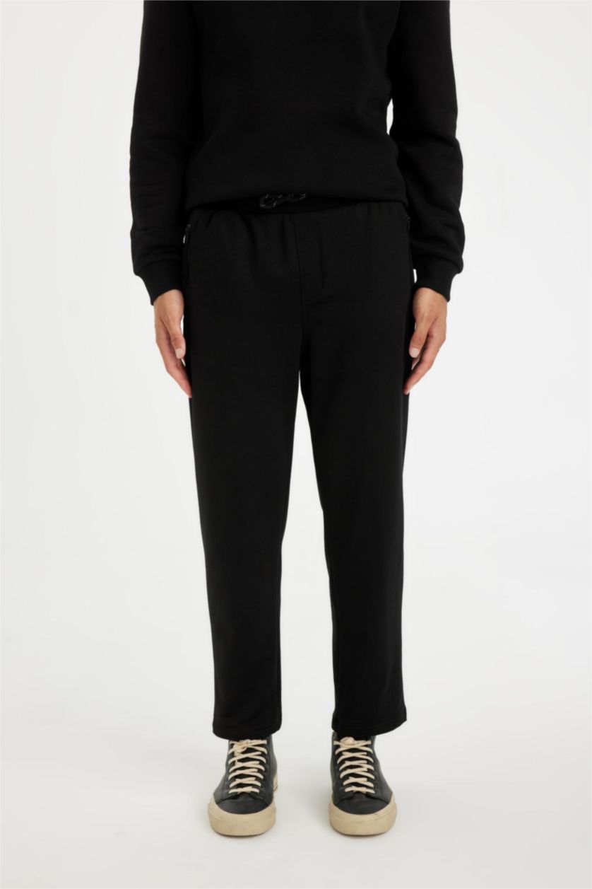 Erkek Siyah Siyah Eşofman Altı Slim Fit Dar Kesim Fermuarlı Basic Düz Paça 