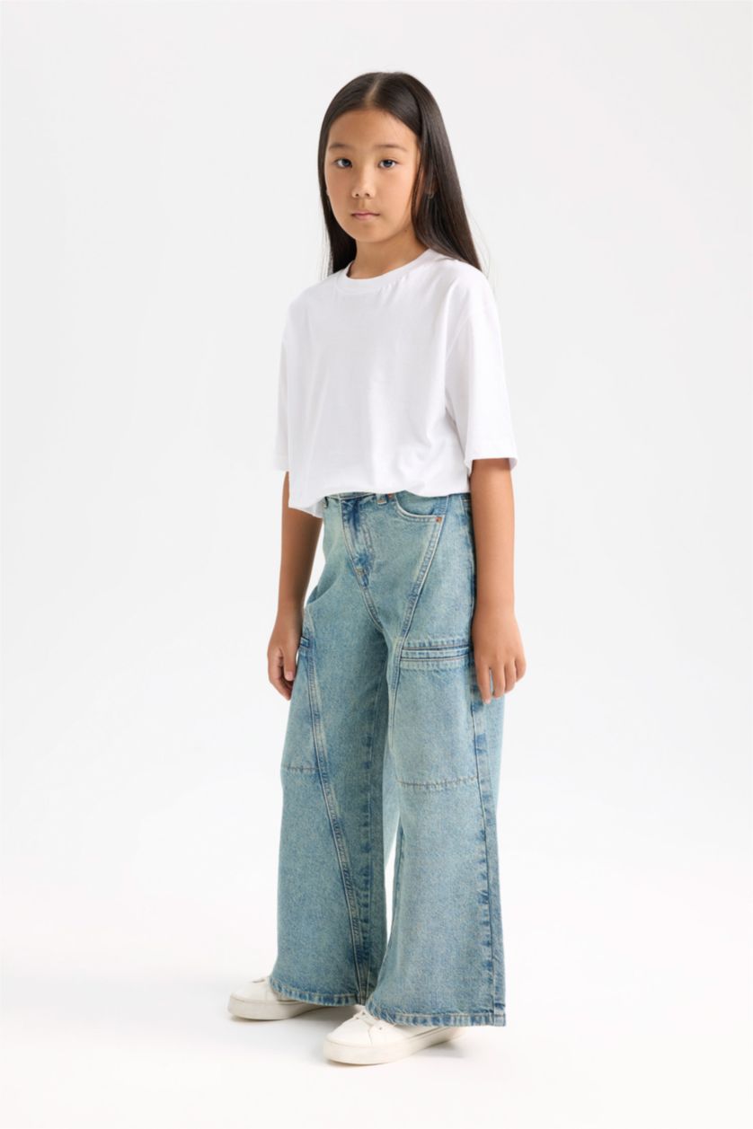 Kız Çocuk - Genç Kız Mavi Wide Leg Geniş Paça Kargo Cepli Jean Pantolon Kız Çocuk