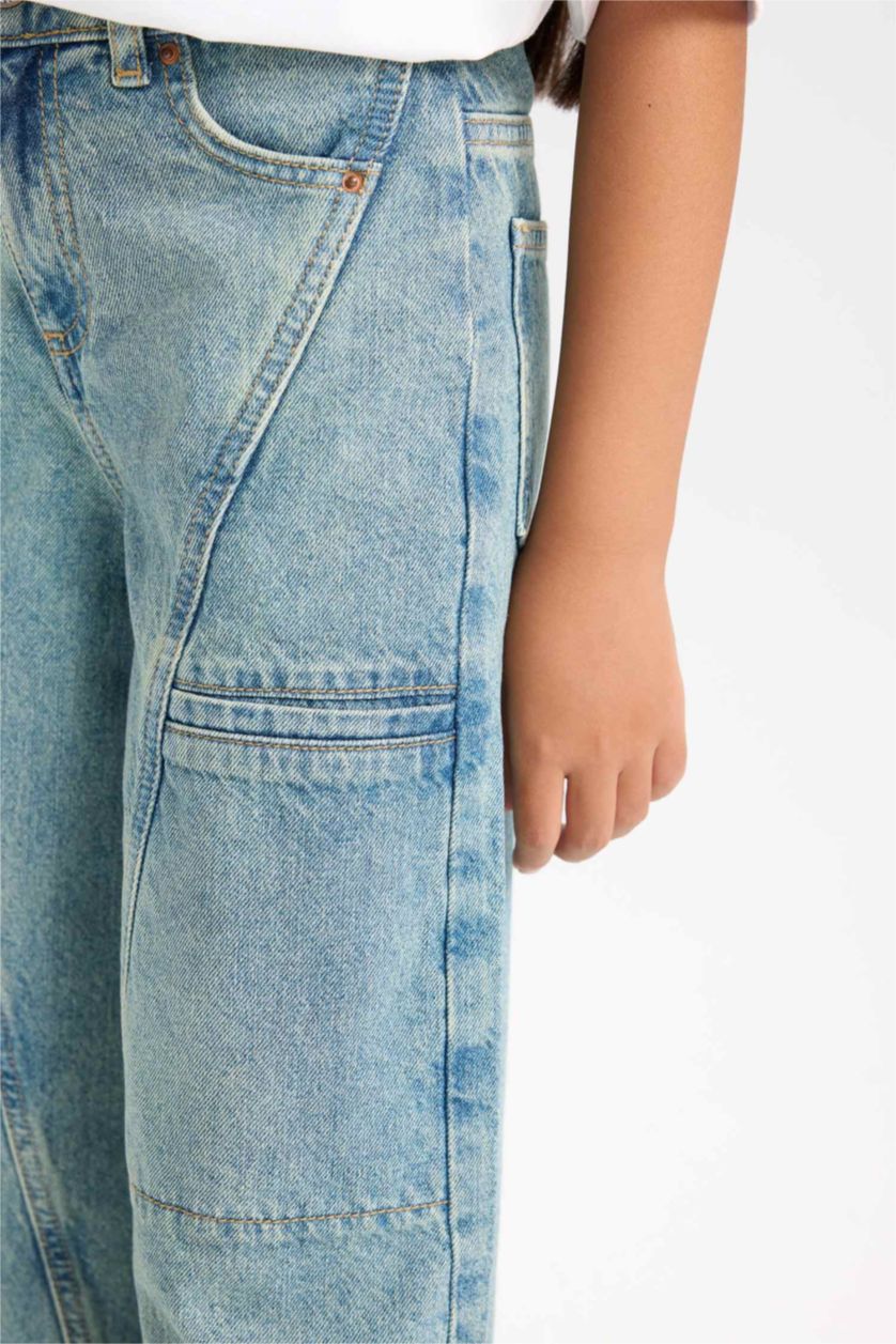 Kız Çocuk - Genç Kız Mavi Wide Leg Geniş Paça Kargo Cepli Jean Pantolon Kız Çocuk