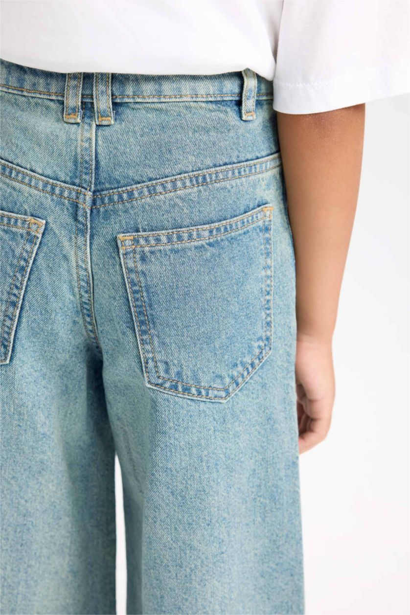 Kız Çocuk - Genç Kız Mavi Wide Leg Geniş Paça Kargo Cepli Jean Pantolon Kız Çocuk