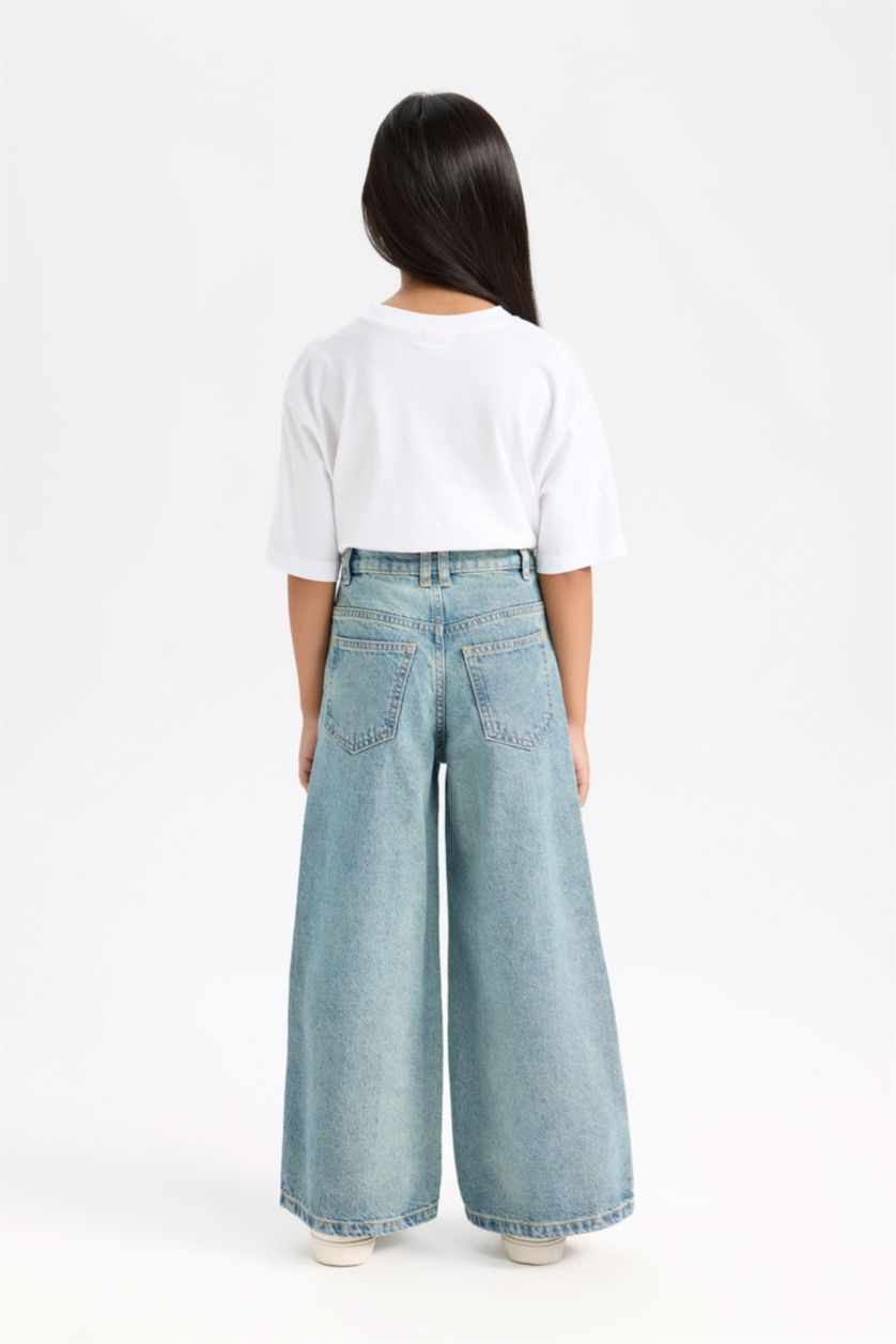 Kız Çocuk - Genç Kız Mavi Wide Leg Geniş Paça Kargo Cepli Jean Pantolon Kız Çocuk