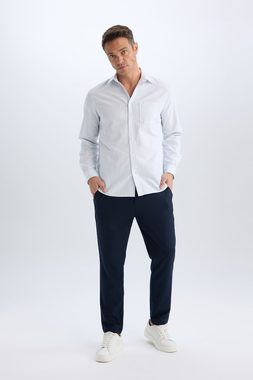 Man Light Blue Regular Fit Polo Collar Striped Oxford Long Sleeve Shirt