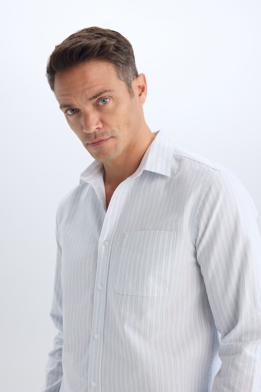 Man Light Blue Regular Fit Polo Collar Striped Oxford Long Sleeve Shirt