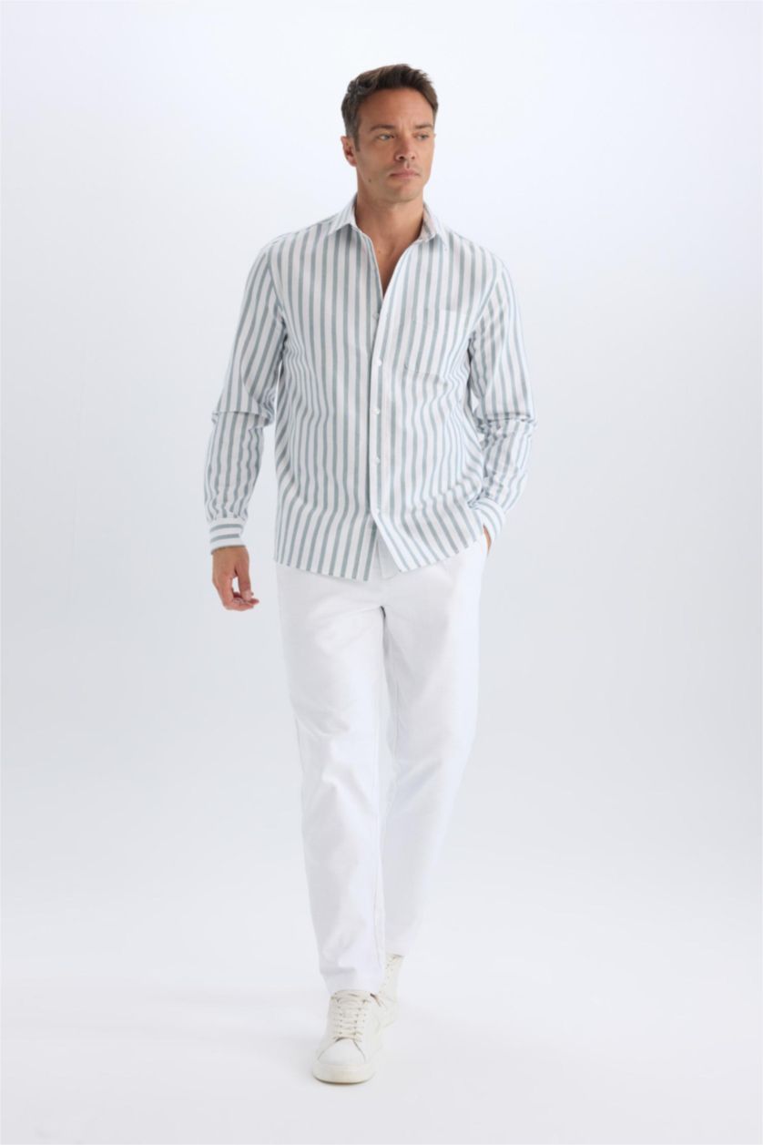 Erkek Koyu Yeşil %100 Pamuk Çizgili Gömlek