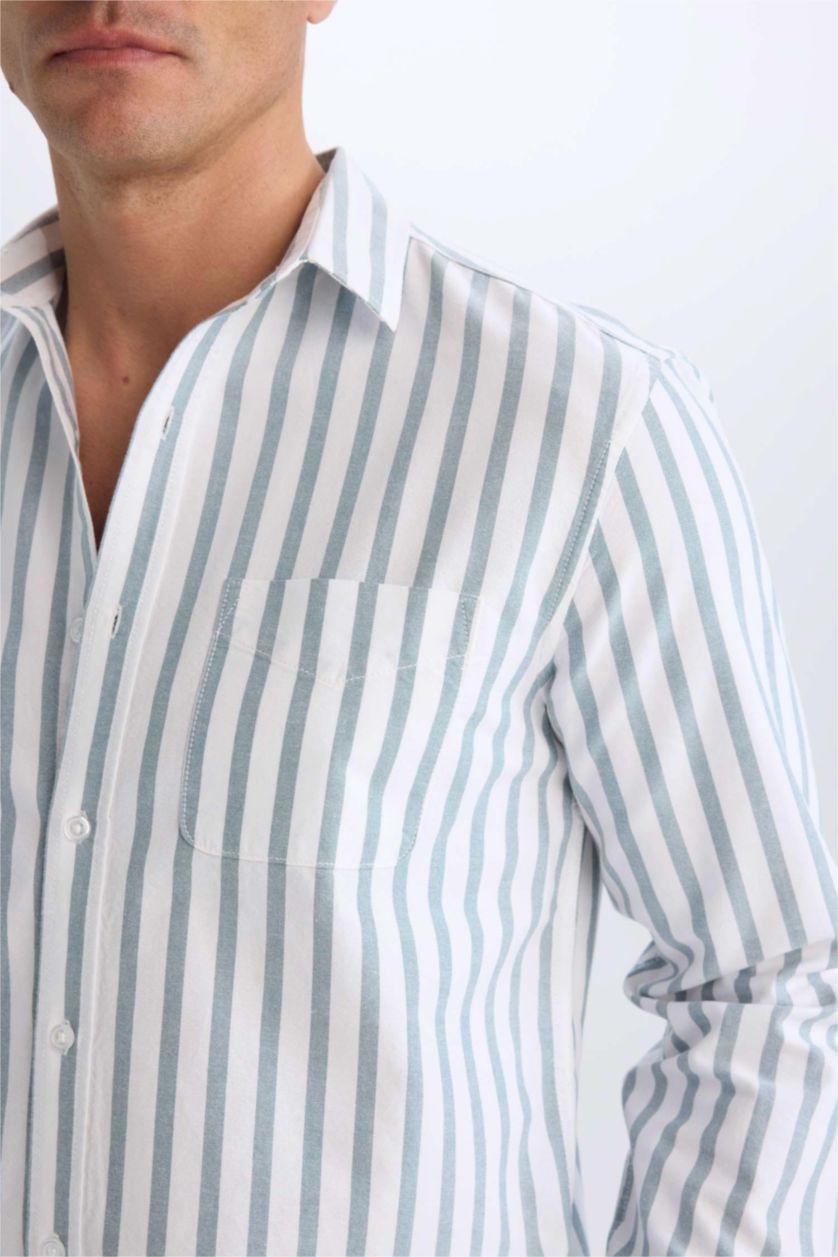 Erkek Koyu Yeşil %100 Pamuk Çizgili Gömlek