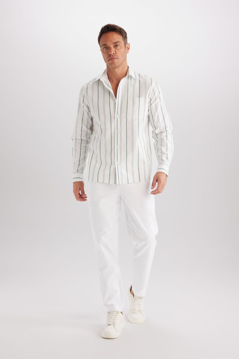 Erkek Yeşil %100 Pamuk Çizgili Gömlek