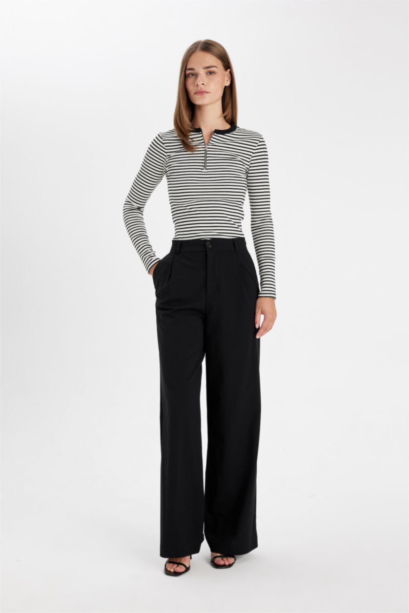 Kadın Siyah Slim Fit Dar Kesim Bisiklet Yaka Yarım Fermuarlı Çizgili Fitilli Kaşkorse Uzun Kollu Tişört