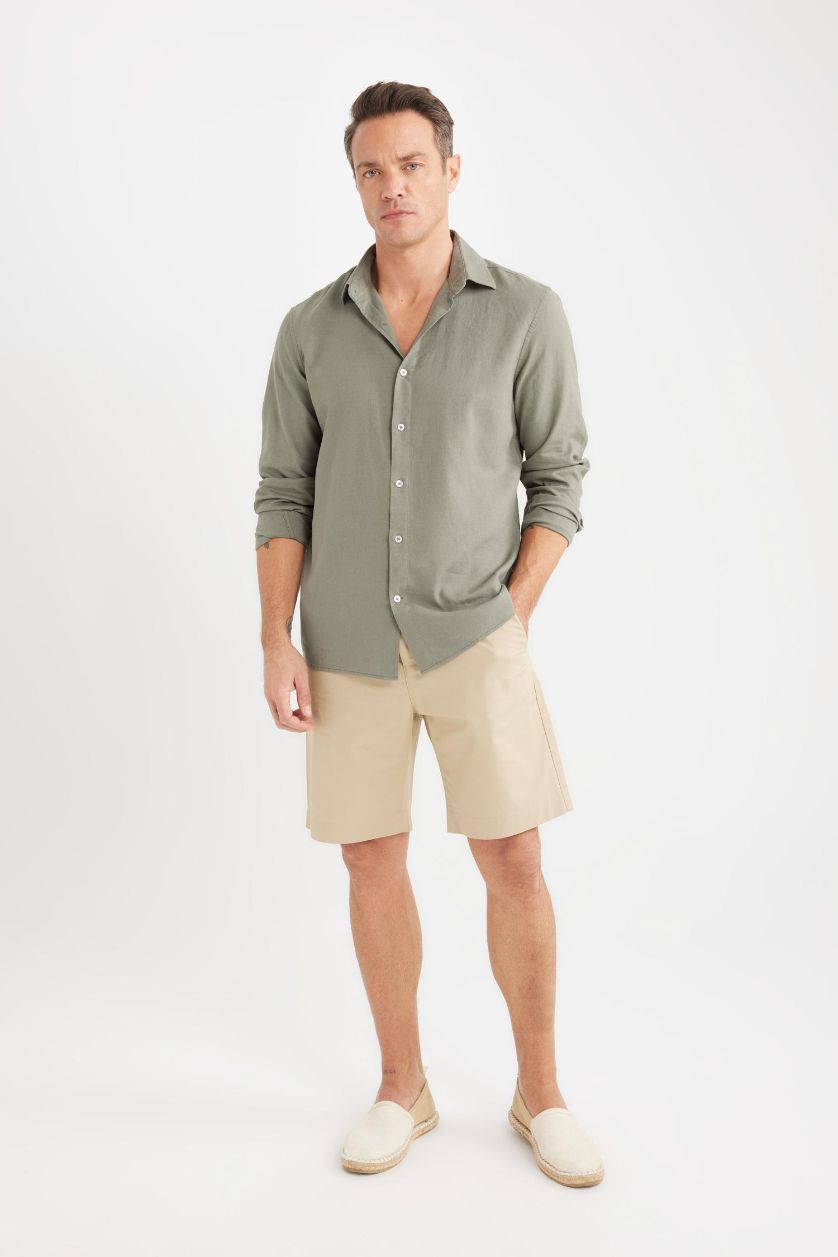 Мужчины Светлый хаки Regular Fit Рубашка-поло из льна с длинным рукавом