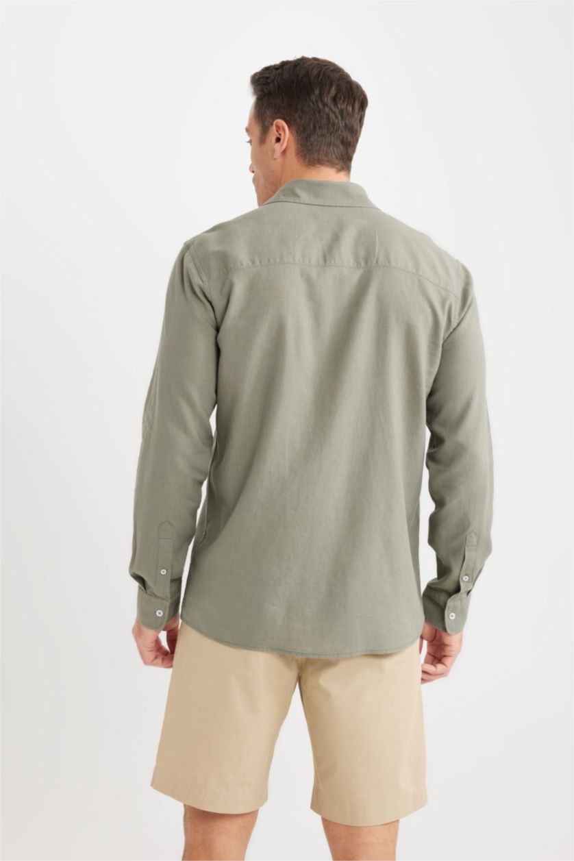 Мужчины Светлый хаки Regular Fit Рубашка-поло из льна с длинным рукавом