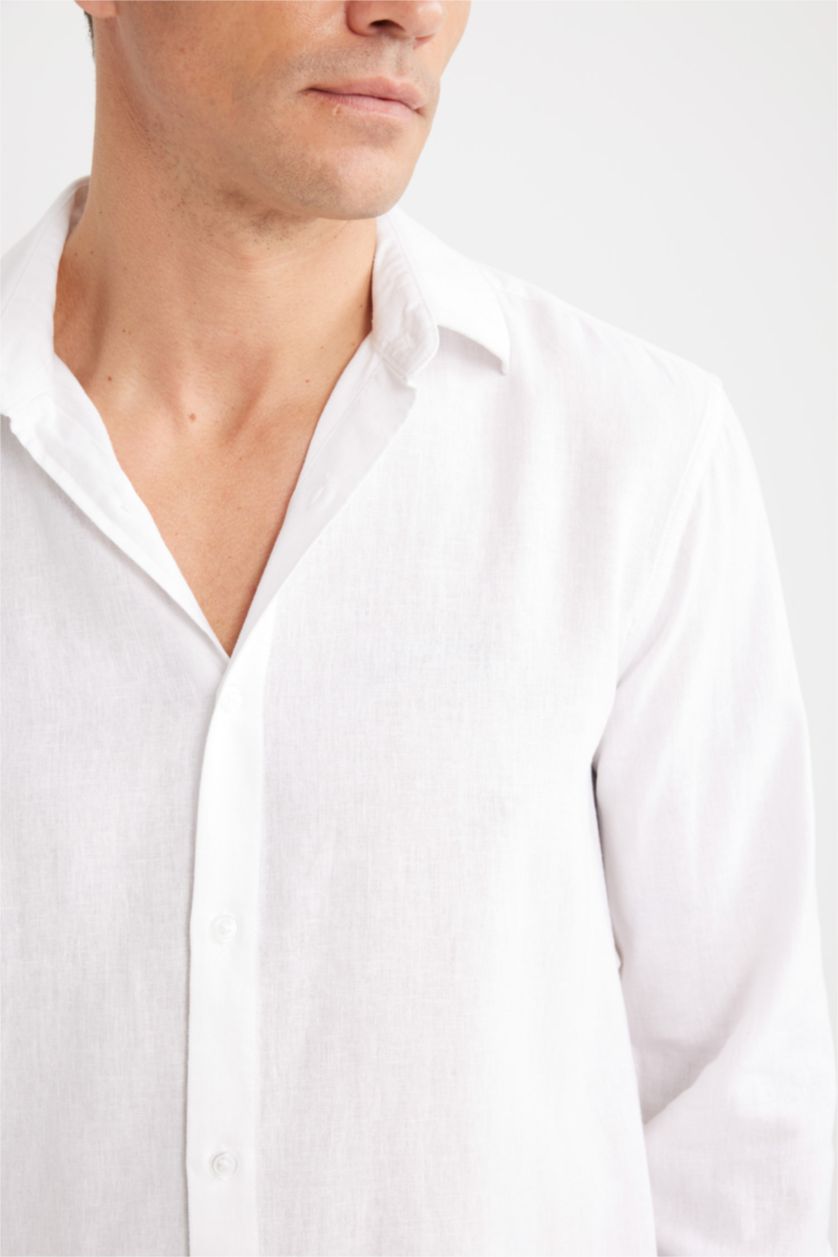 رجالي أبيض قميص بولو كتان كم طويل قصة عادية