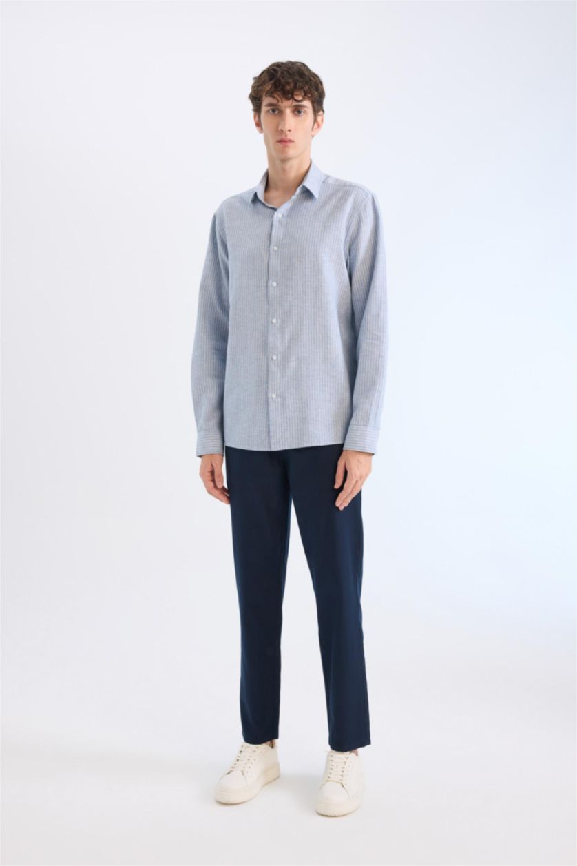 رجالي أزرق قميص بولو ازرق مخطط كم طويل قصة عادية