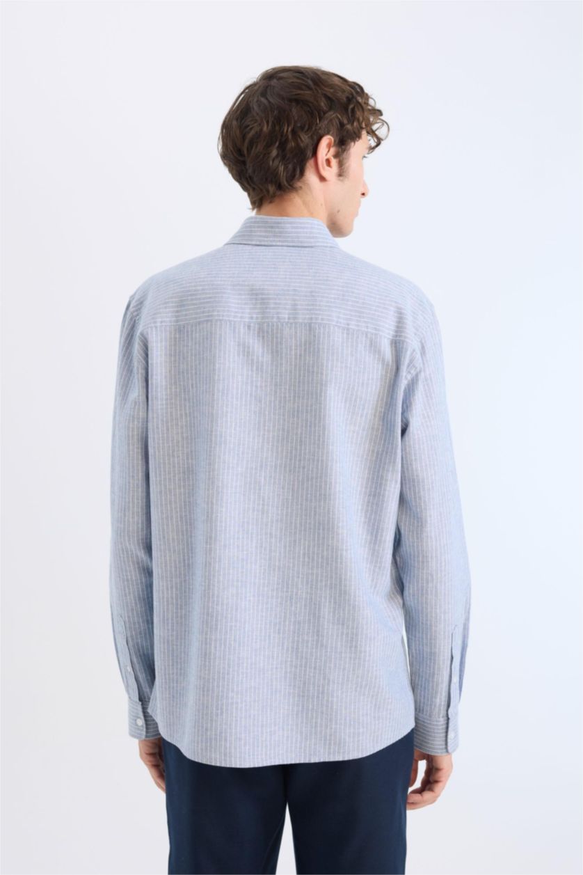 رجالي أزرق قميص بولو ازرق مخطط كم طويل قصة عادية