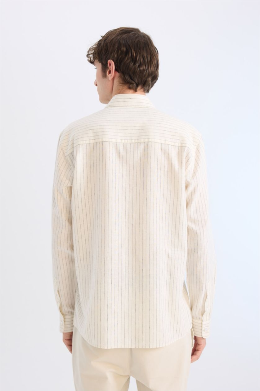 رجالي بيج فاتح قميص كتان مخطط كم طويل قصة عادية بياقة بولو