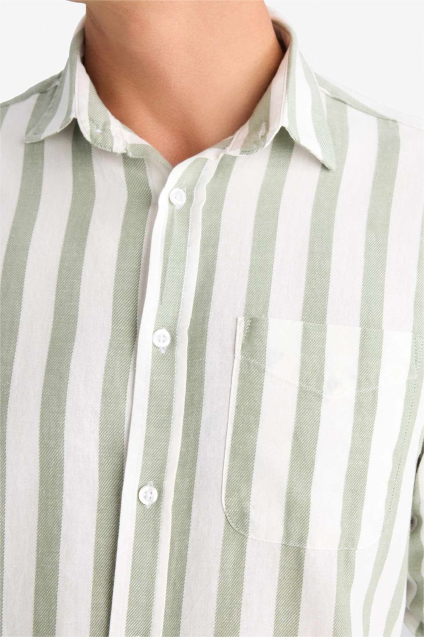 Erkek Haki %100 Pamuk Çizgili Gömlek