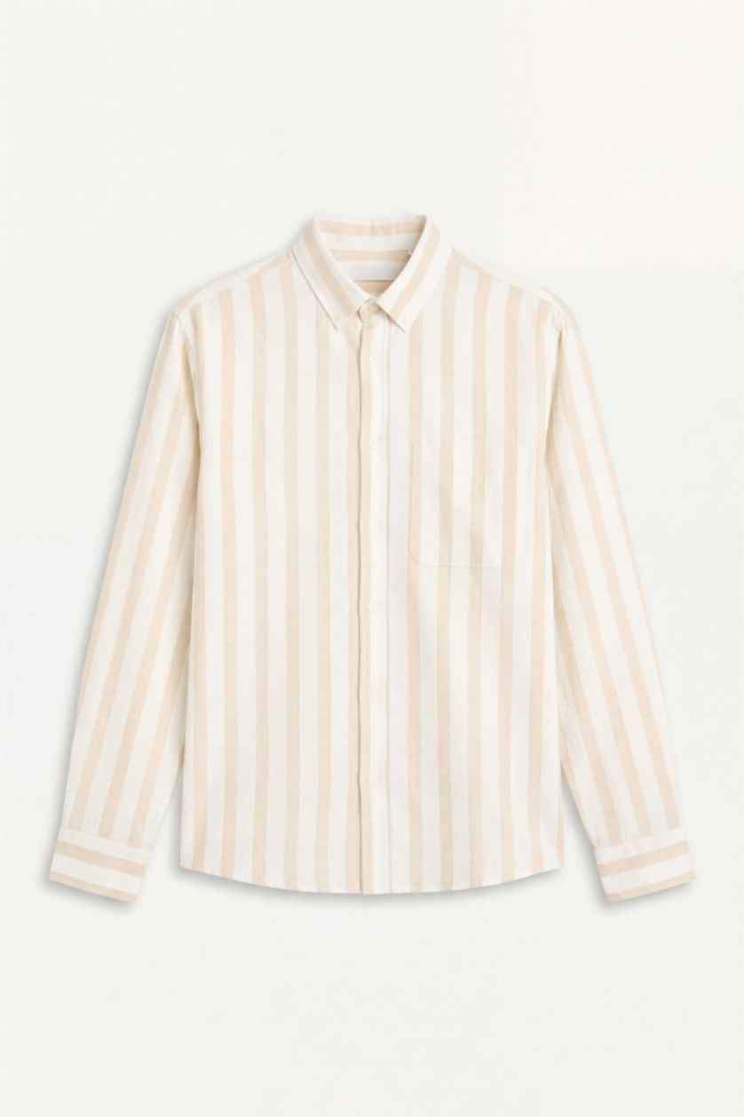 Man Beige 100% Cotton Striped Shirt