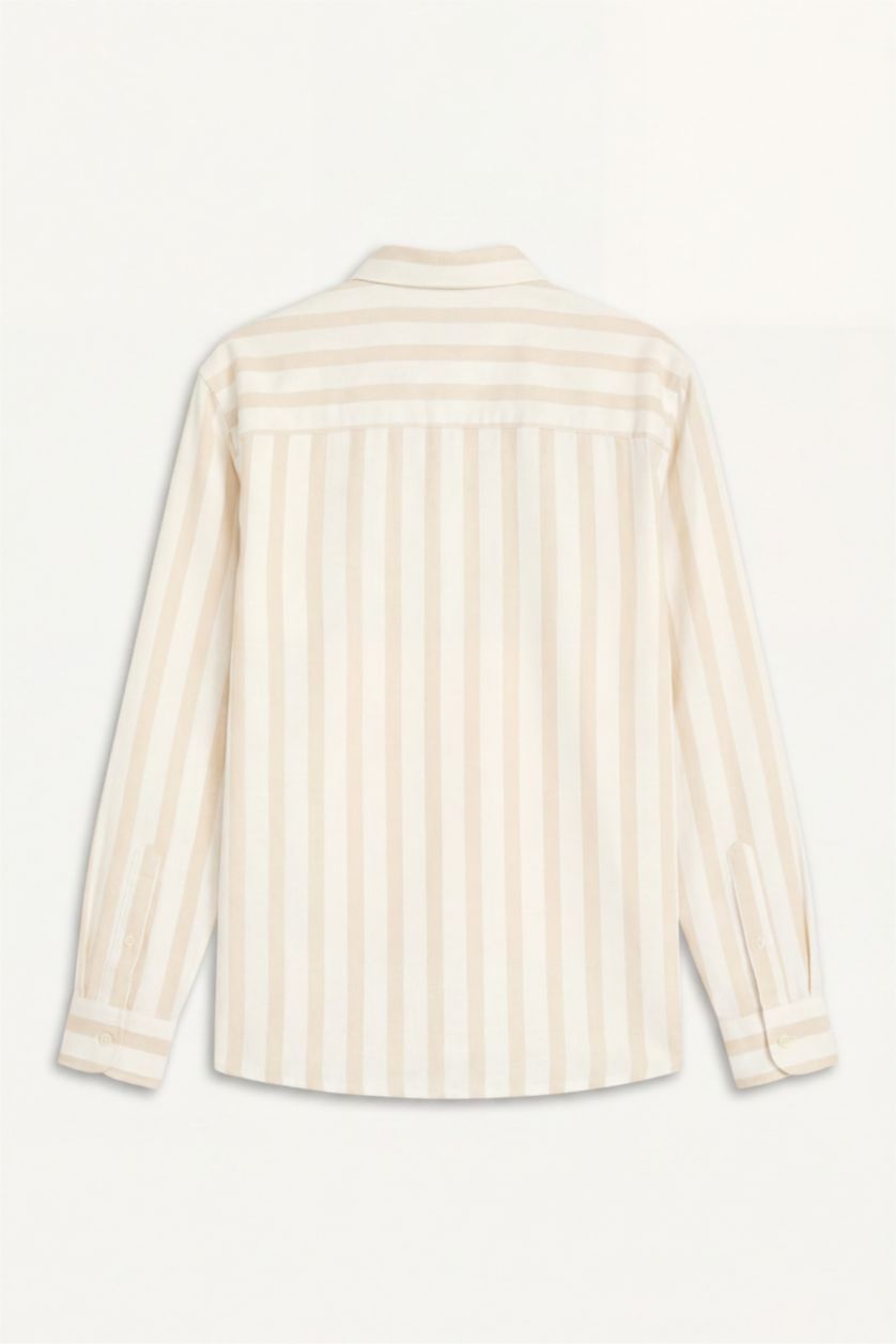 Man Beige 100% Cotton Striped Shirt