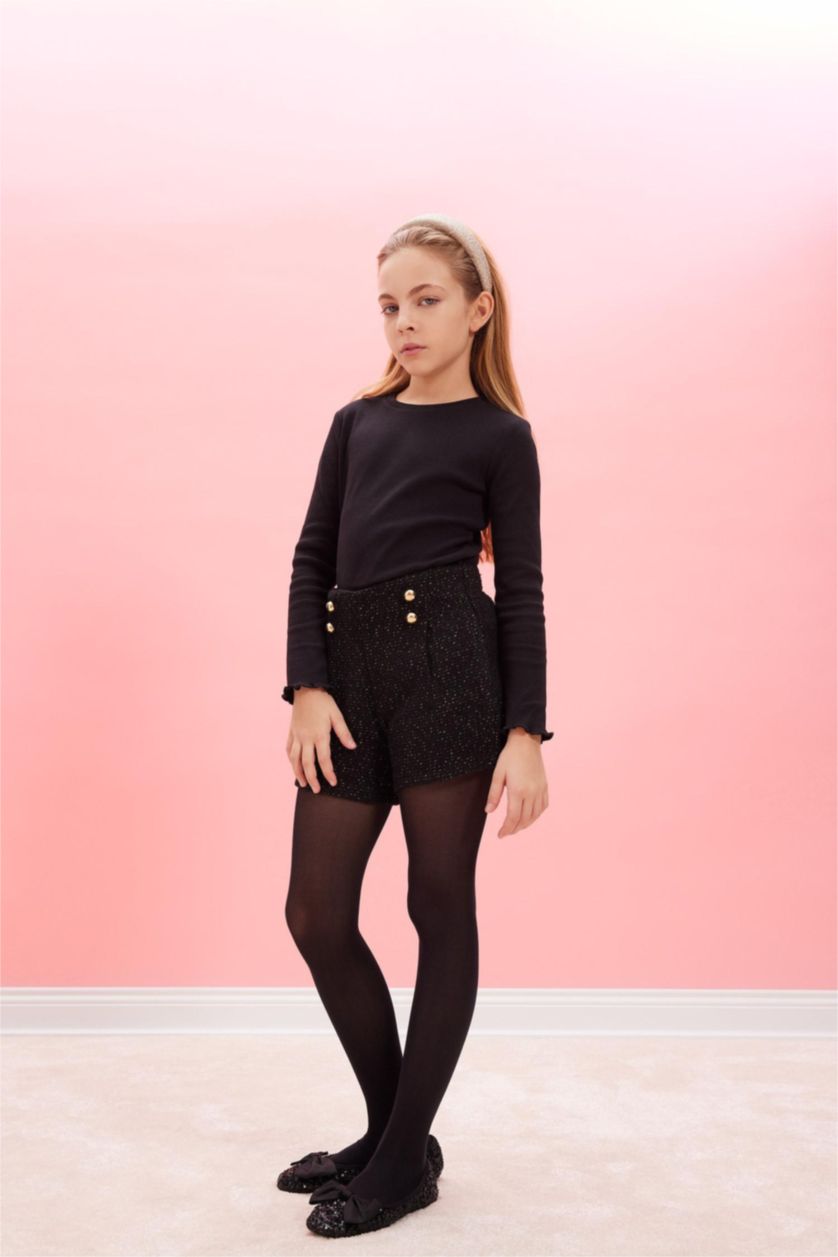 Kız Çocuk - Genç Kız Siyah Pamuklu Parlak Kumaş Şort Kız Çocuk