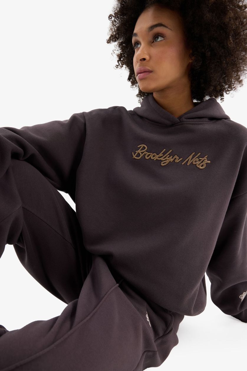 Kadın Antrasit NBA Brooklyn Nets Oversize Geniş Kalıp Kapüşonlu Kalın Sporcu Sweatshirt